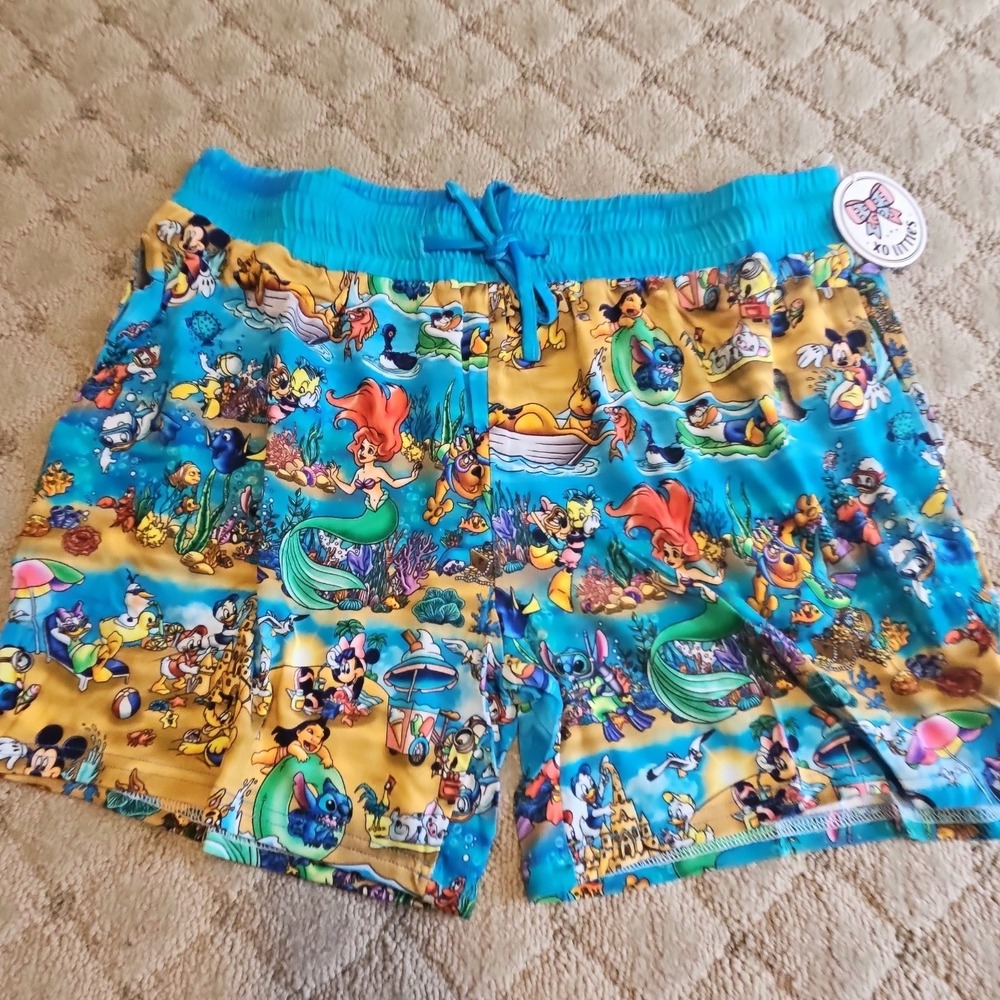 Disney Parks Swim Shorts Mickey Ariel Stitch Moana Beach Print NWT Women Large